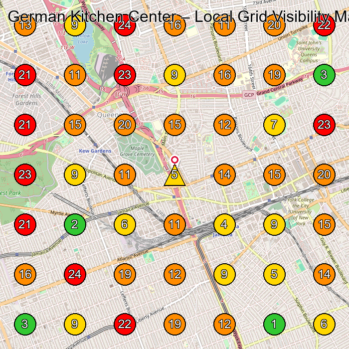 German Kitchen Center Cabinet Store GeoGrid ranking map for Queens NY
